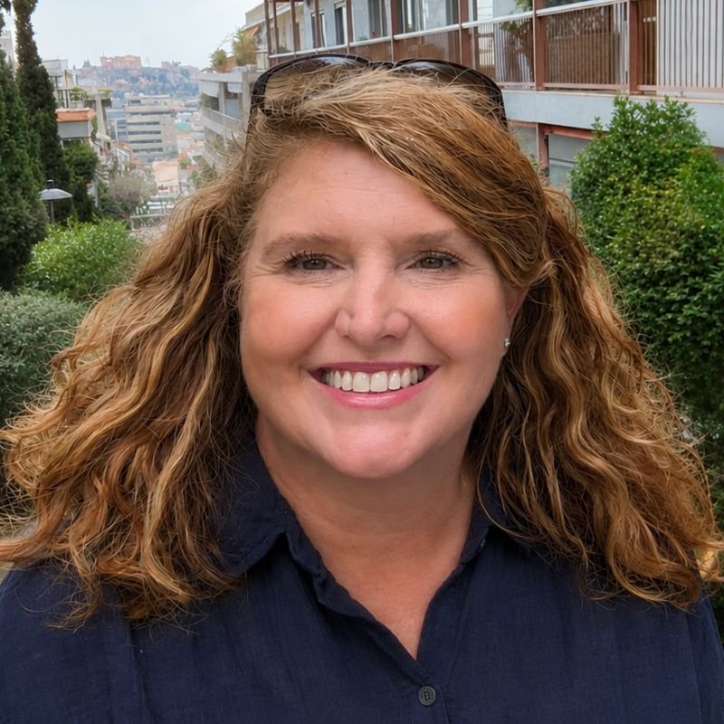 Portrait of Lisa Callaghan, outside with city in background.